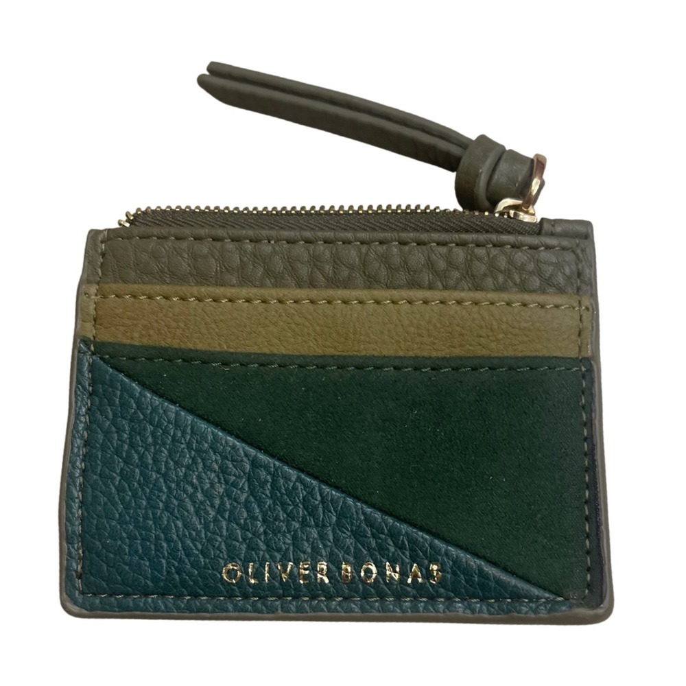 Oliver Bonas Green Colorblock Faux Leather Suede Zip Card Holder Wallet Small